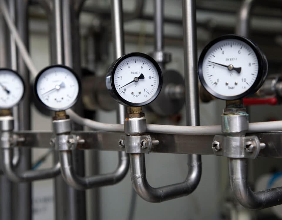 Pressure Gauge And Metallic Stainless Steel Pipes In Modern Dair